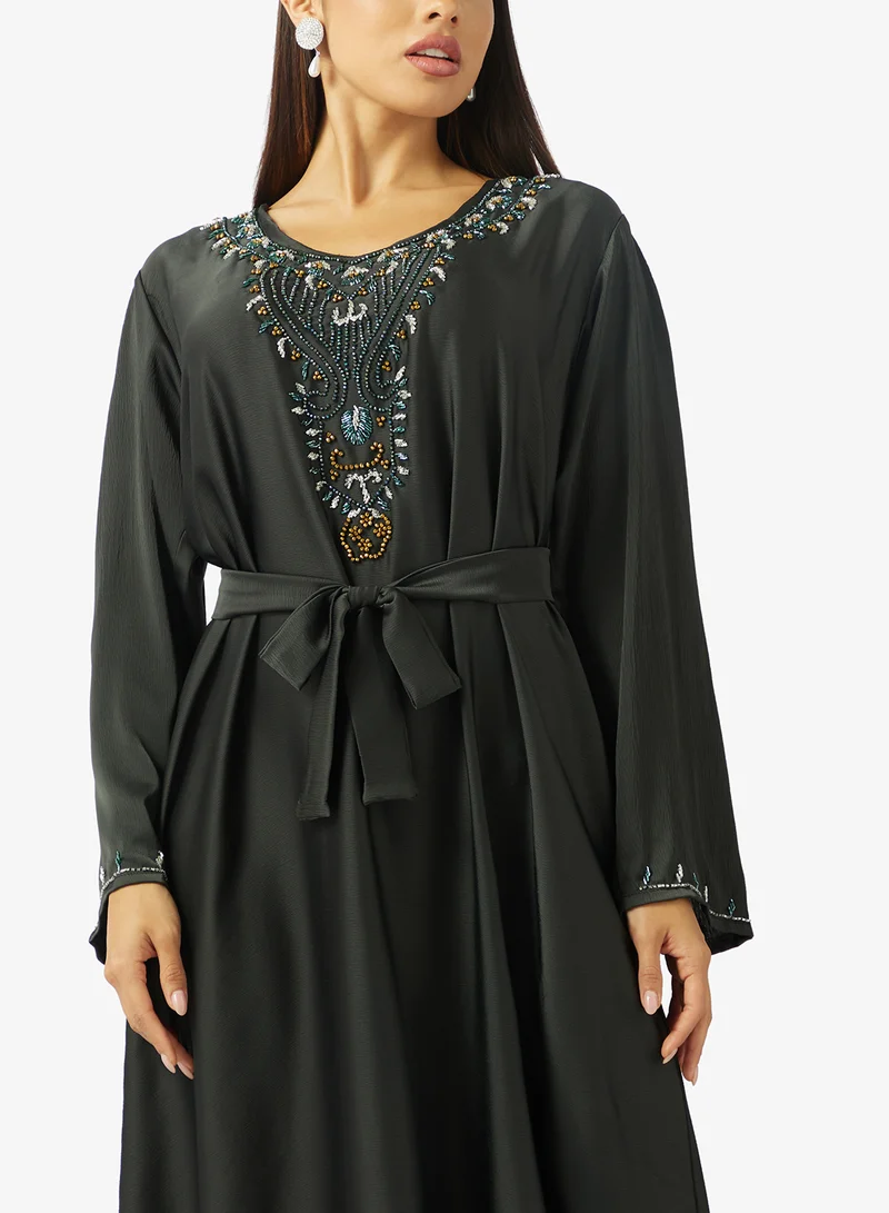 hayas closet  Floral Hand Work At Front Section And Beaded Jalabiya for Women | Best Price UAE